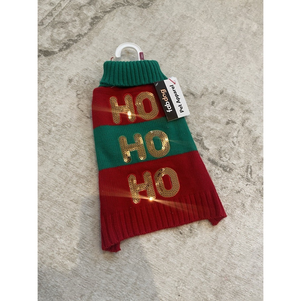 Fab Dog XS HO HO‎ HO Christmas Green Red Dog Sweater Turtleneck NWT Sequins